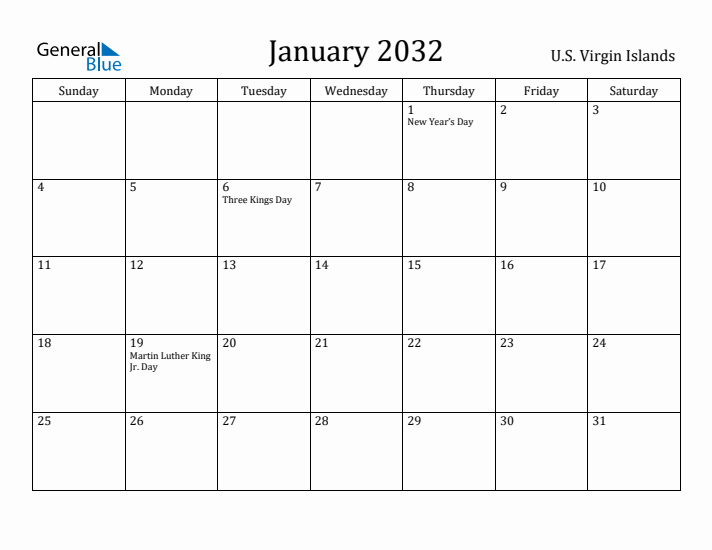 January 2032 Calendar U.S. Virgin Islands