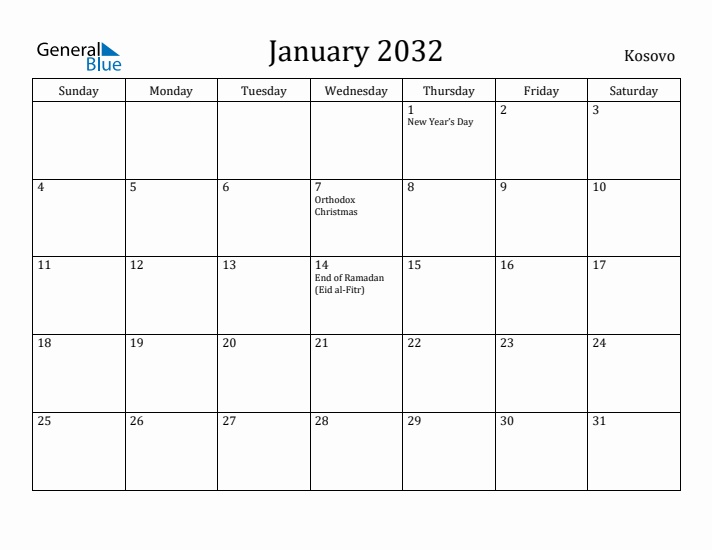 January 2032 Calendar Kosovo