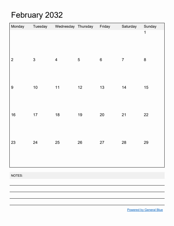 Basic Monthly Calendar Template for February 2032