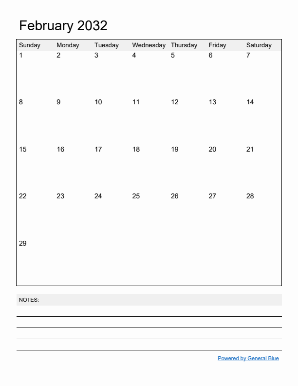 Basic Monthly Calendar Template for February 2032
