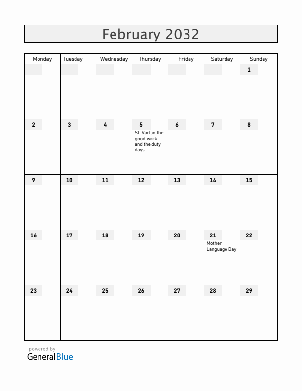 Armenia February 2032 Calendar with Holidays