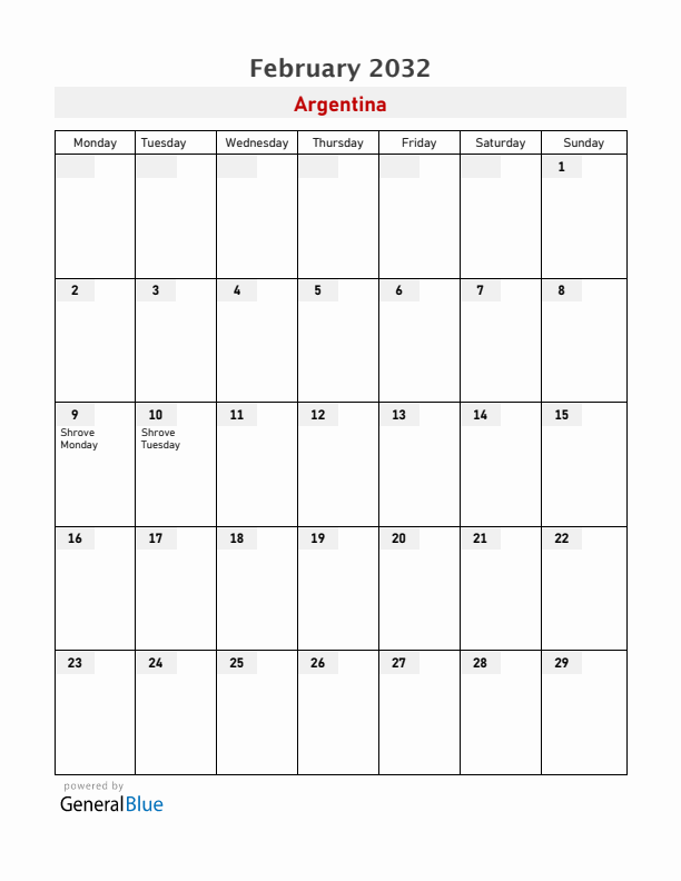 Argentina February 2032 Calendar with Holidays