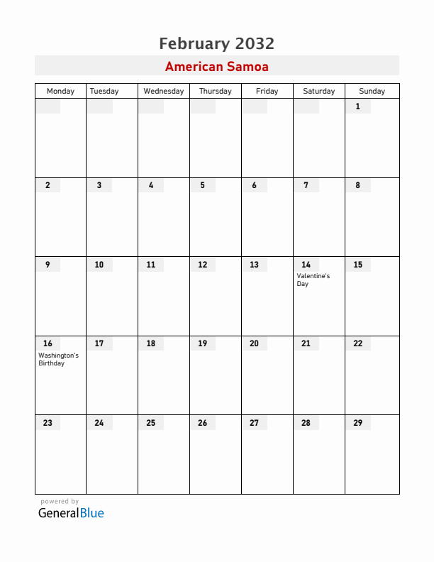 American Samoa February 2032 Calendar with Holidays