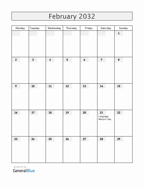 Bangladesh February 2032 Calendar with Holidays