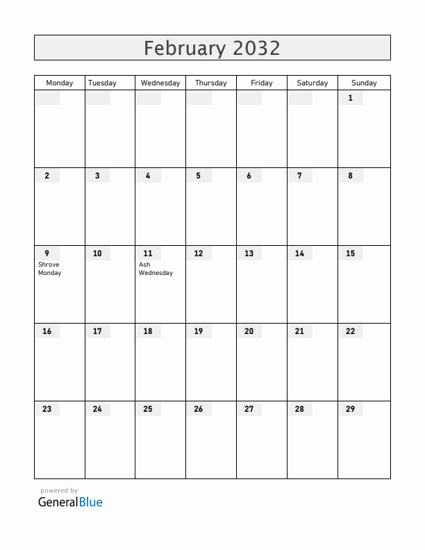 Saint Barthelemy February 2032 Calendar with Holidays