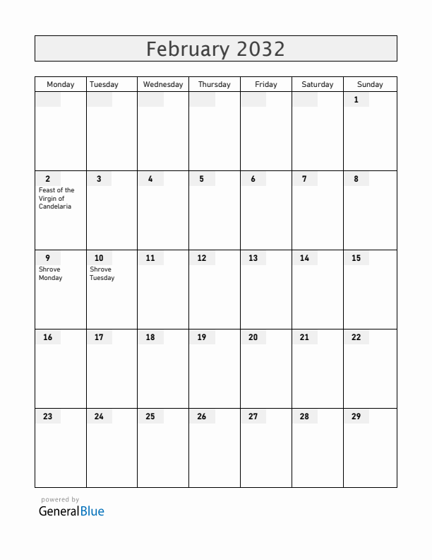 Bolivia February 2032 Calendar with Holidays