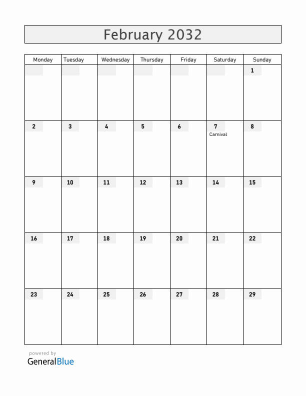 Brazil February 2032 Calendar with Holidays