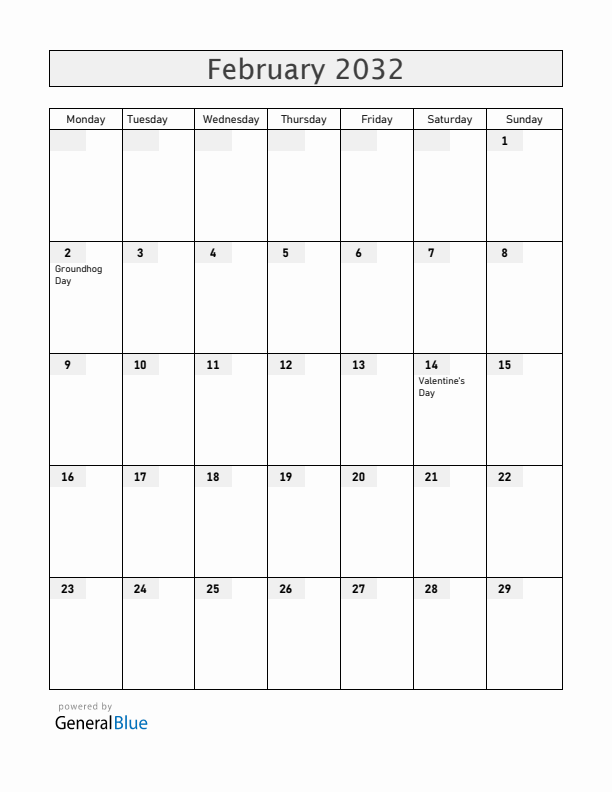 Canada February 2032 Calendar with Holidays