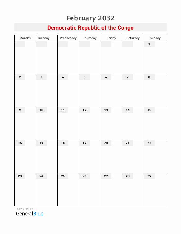 Democratic Republic of the Congo February 2032 Calendar with Holidays