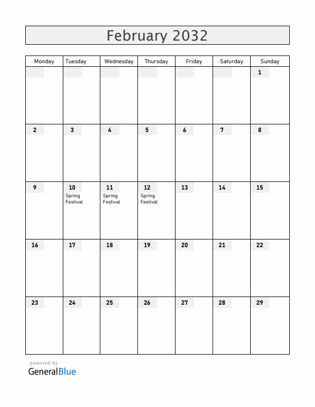 China February 2032 Calendar with Holidays
