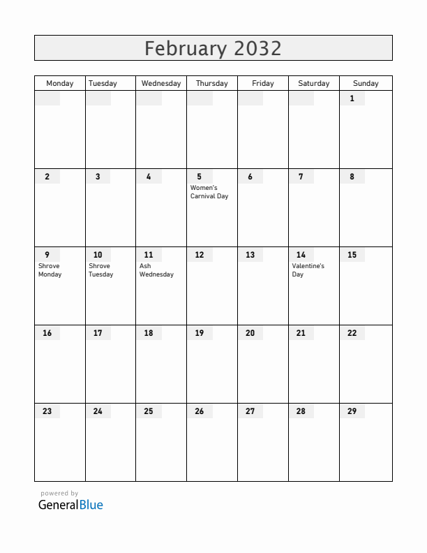 Germany February 2032 Calendar with Holidays