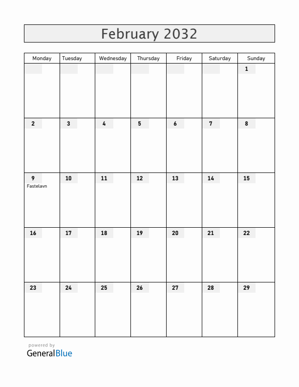 Denmark February 2032 Calendar with Holidays