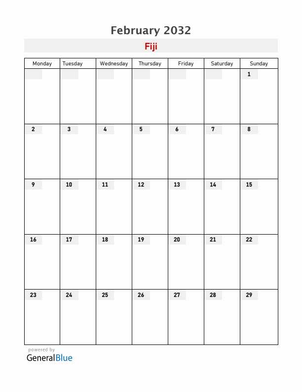 Fiji February 2032 Calendar with Holidays