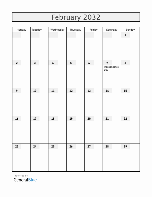 Grenada February 2032 Calendar with Holidays
