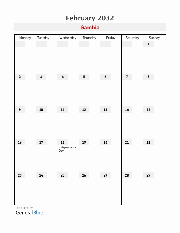 Gambia February 2032 Calendar with Holidays