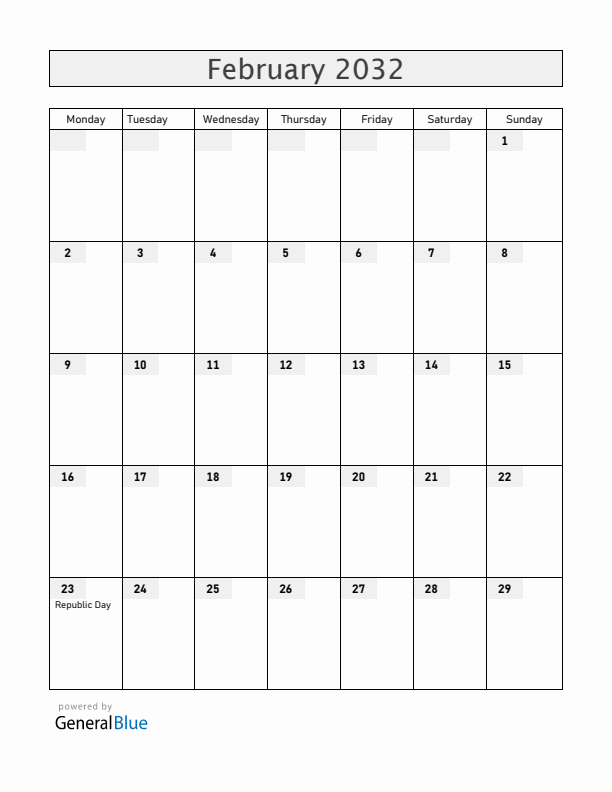 Guyana February 2032 Calendar with Holidays