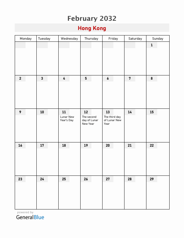 Hong Kong February 2032 Calendar with Holidays