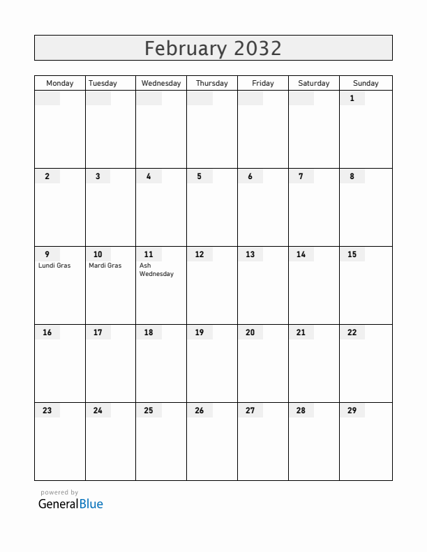 Haiti February 2032 Calendar with Holidays