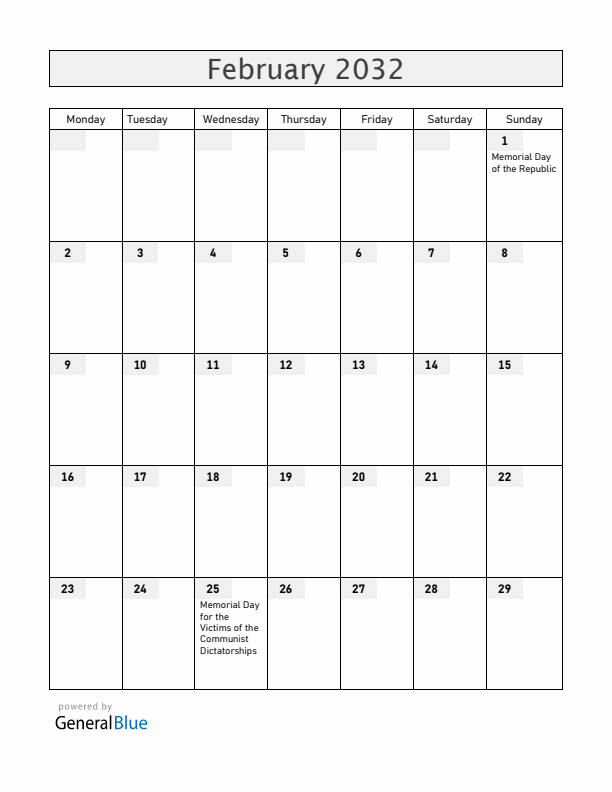 Hungary February 2032 Calendar with Holidays