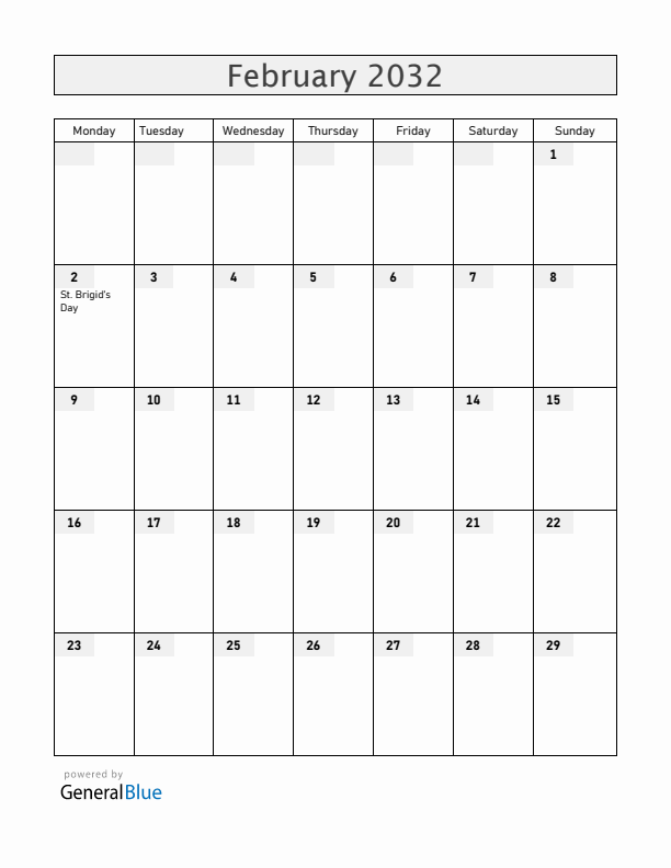 Ireland February 2032 Calendar with Holidays