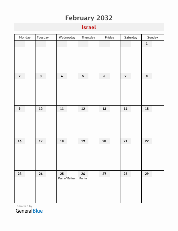 Israel February 2032 Calendar with Holidays