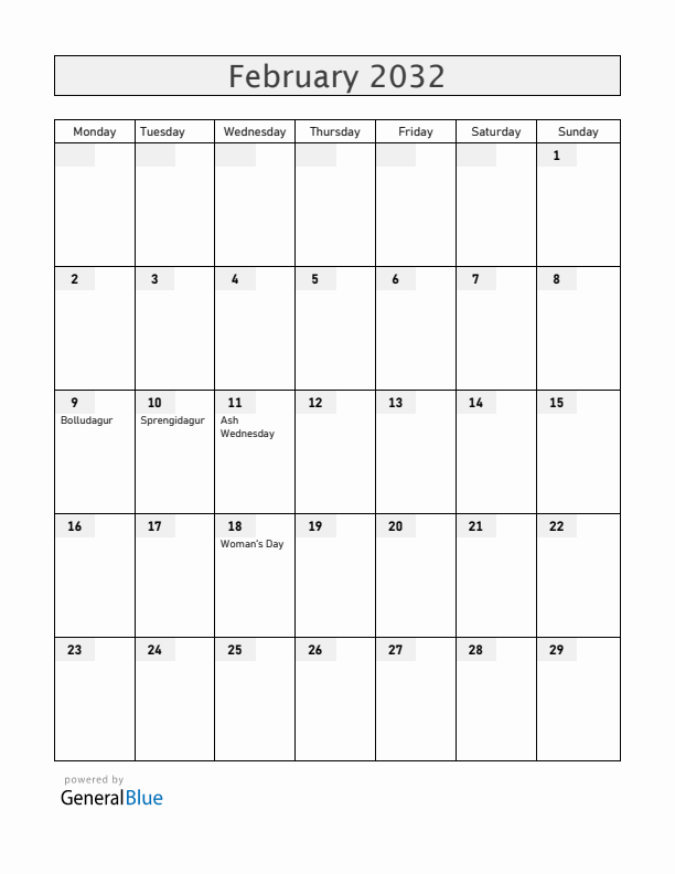 Iceland February 2032 Calendar with Holidays