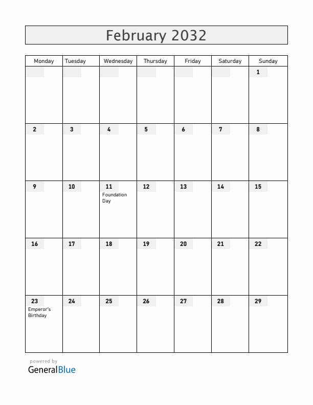 Japan February 2032 Calendar with Holidays
