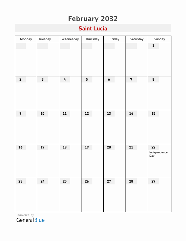 Saint Lucia February 2032 Calendar with Holidays