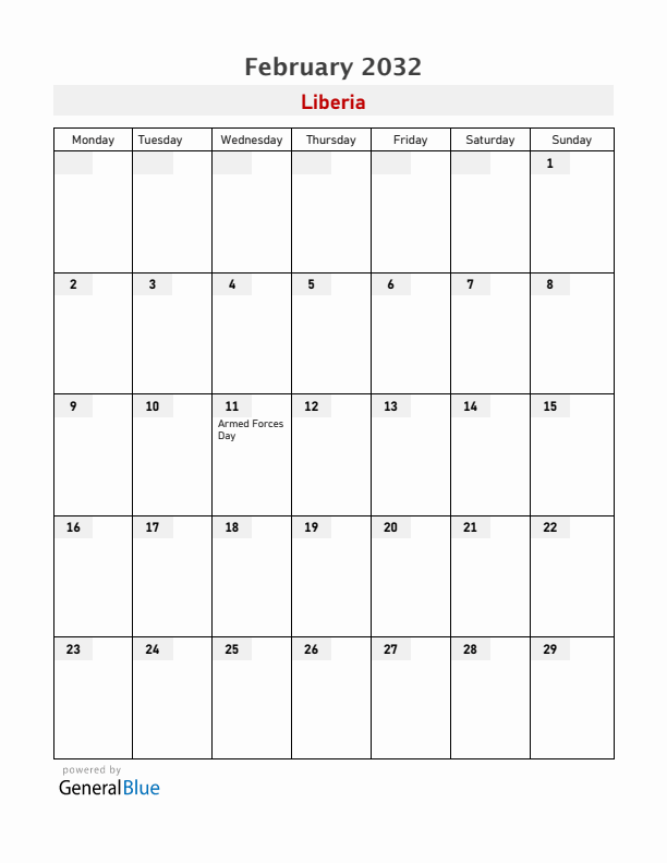 Liberia February 2032 Calendar with Holidays