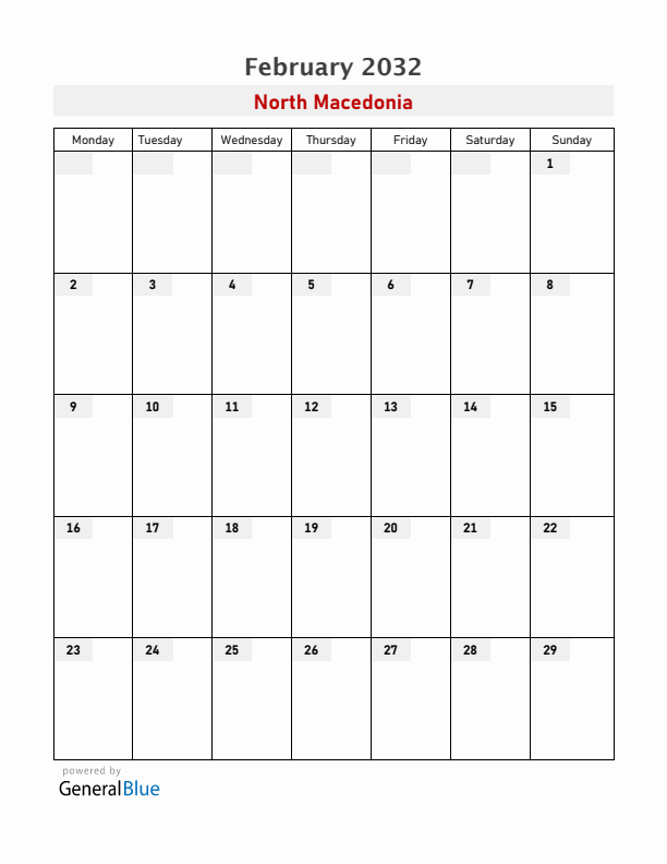 North Macedonia February 2032 Calendar with Holidays
