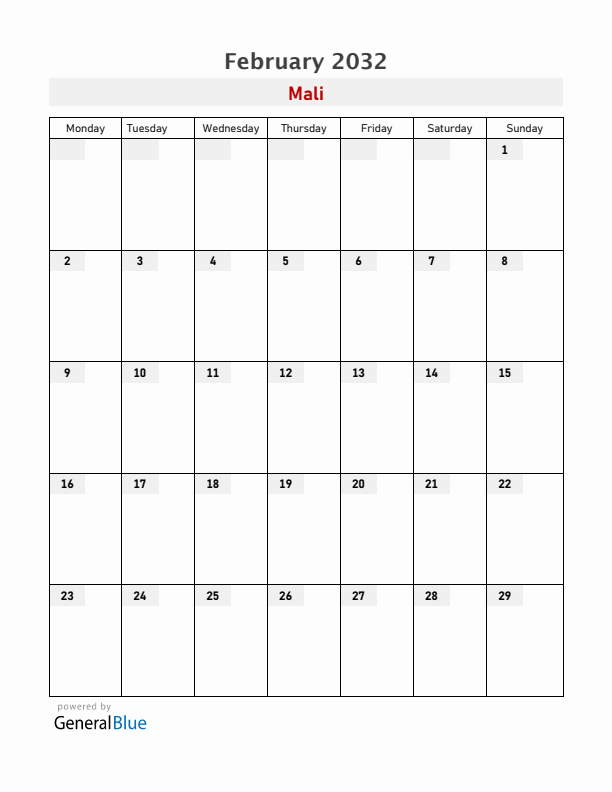 Mali February 2032 Calendar with Holidays