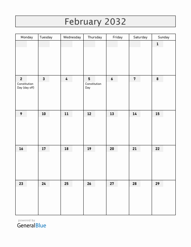 Mexico February 2032 Calendar with Holidays