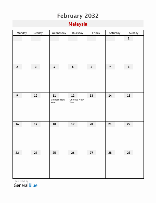 Malaysia February 2032 Calendar with Holidays
