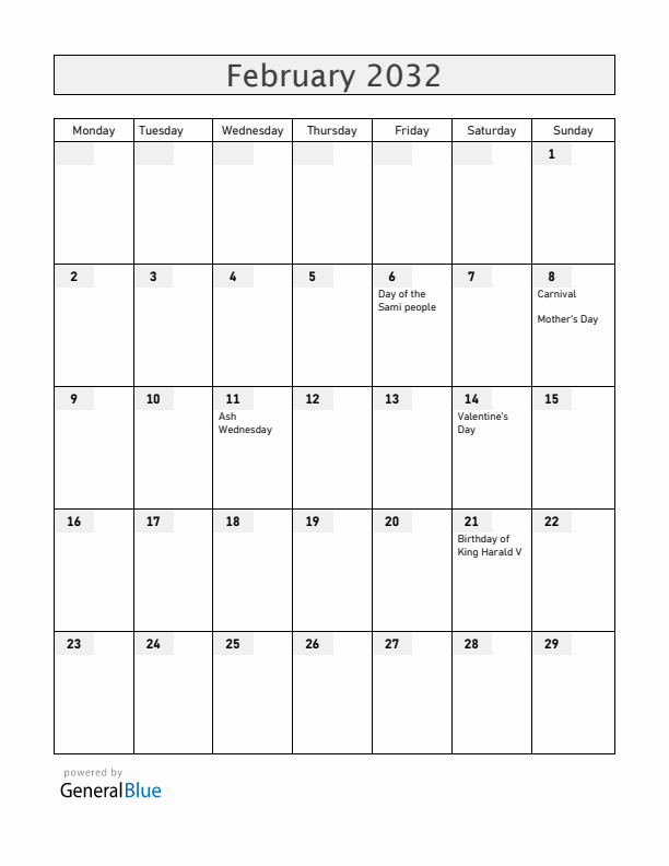 Norway February 2032 Calendar with Holidays