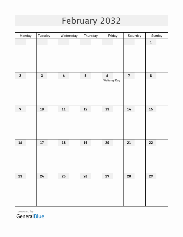 New Zealand February 2032 Calendar with Holidays