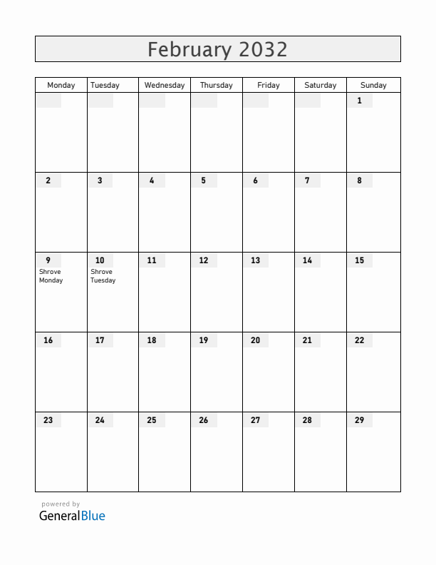 Panama February 2032 Calendar with Holidays