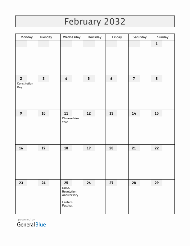 Philippines February 2032 Calendar with Holidays