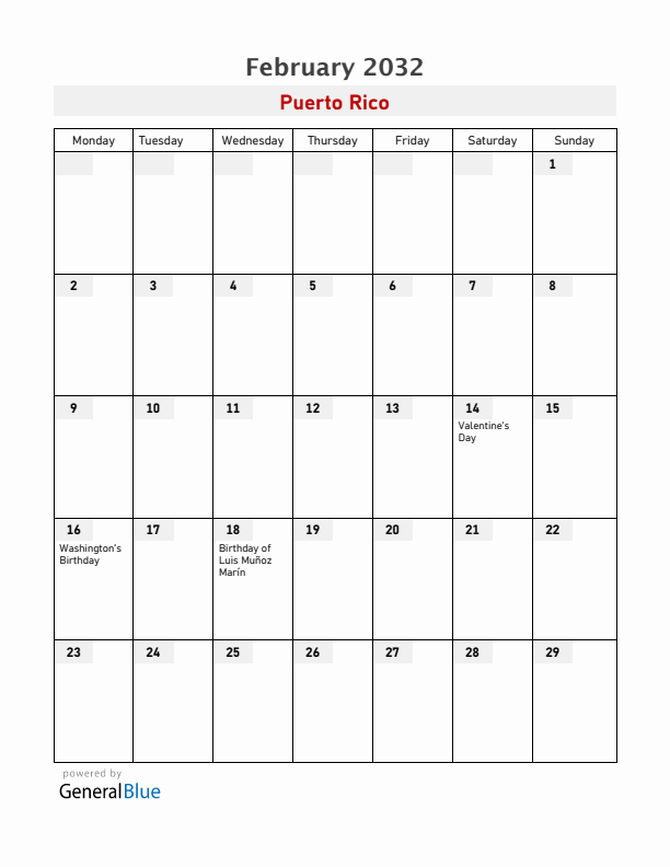 Puerto Rico February 2032 Calendar with Holidays