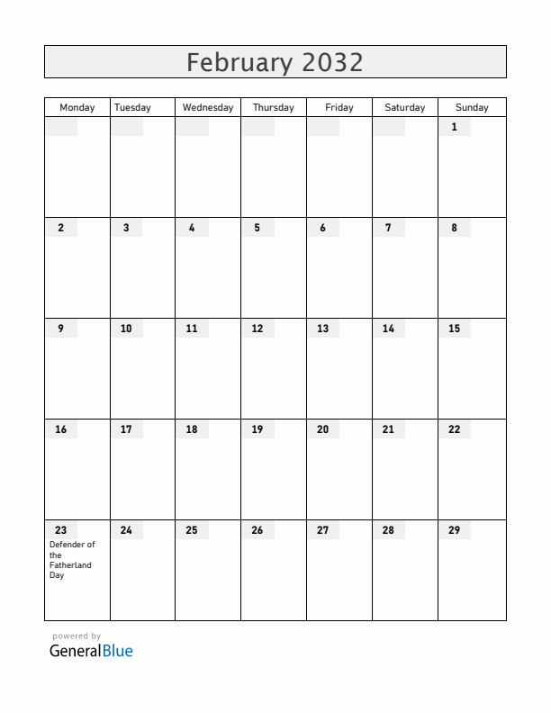 Russia February 2032 Calendar with Holidays