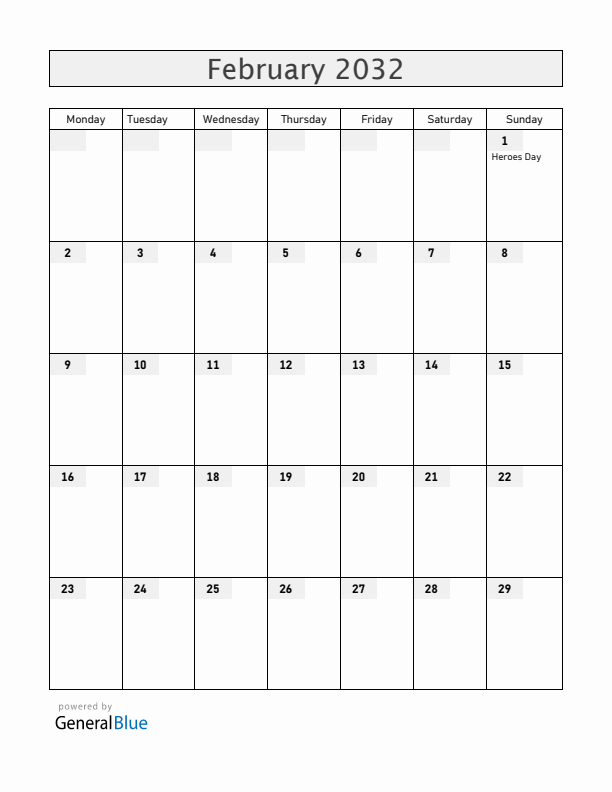 Rwanda February 2032 Calendar with Holidays