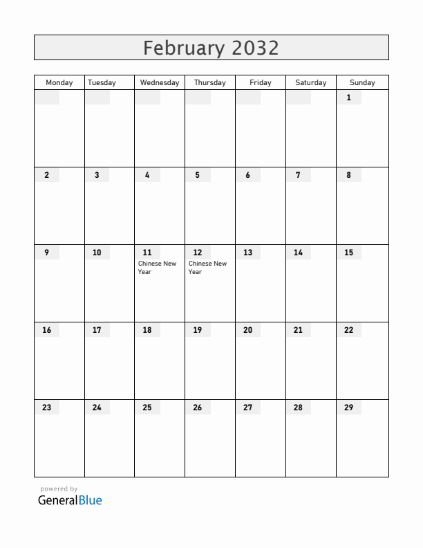 Singapore February 2032 Calendar with Holidays