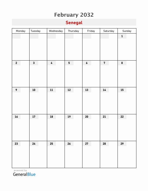 Senegal February 2032 Calendar with Holidays
