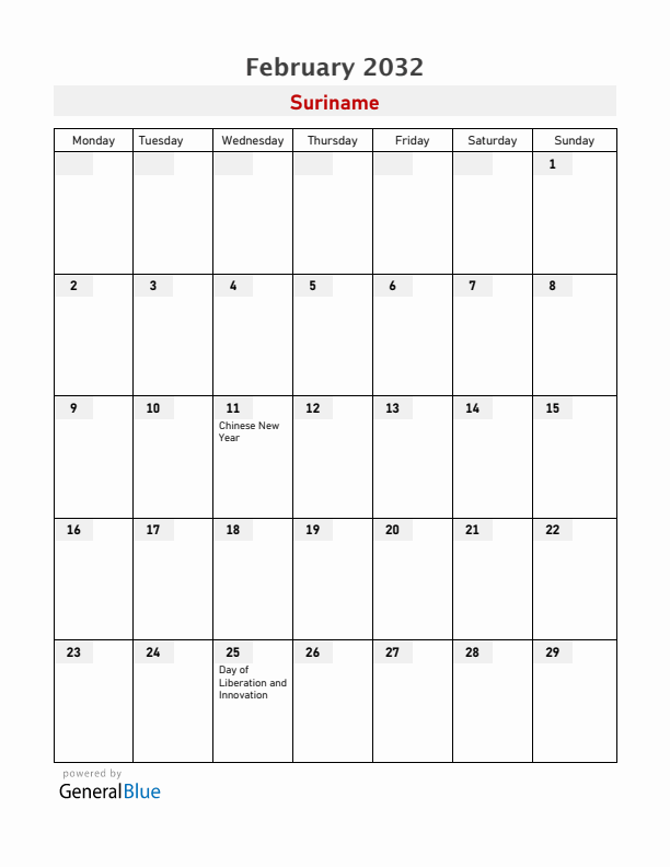Suriname February 2032 Calendar with Holidays