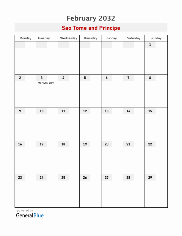 Sao Tome and Principe February 2032 Calendar with Holidays