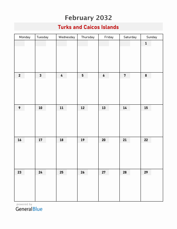 Turks and Caicos Islands February 2032 Calendar with Holidays
