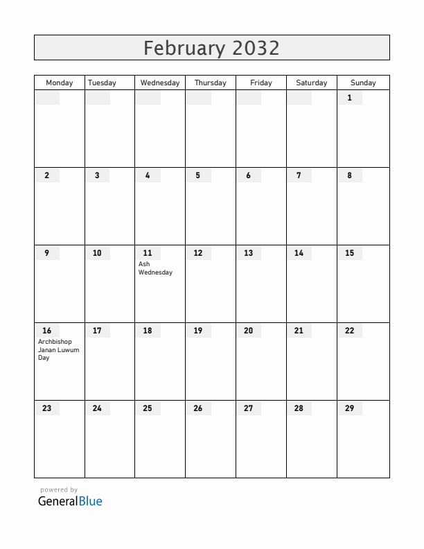 Uganda February 2032 Calendar with Holidays