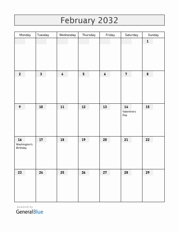 United States February 2032 Calendar with Holidays