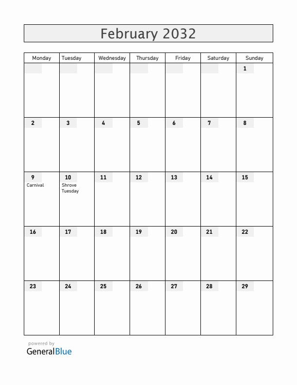 Uruguay February 2032 Calendar with Holidays