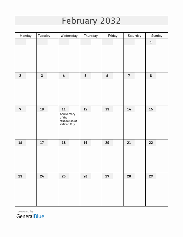 Vatican February 2032 Calendar with Holidays