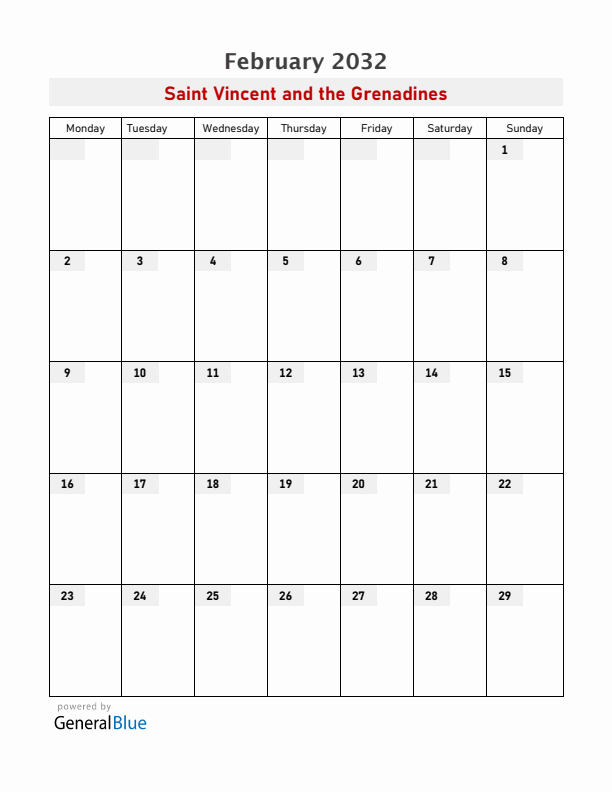 Saint Vincent and the Grenadines February 2032 Calendar with Holidays